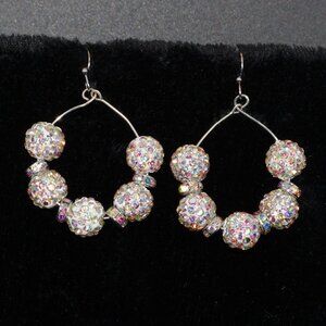 Large round aurora borealis rhinestone silver hoop earrings with rhiestone beads